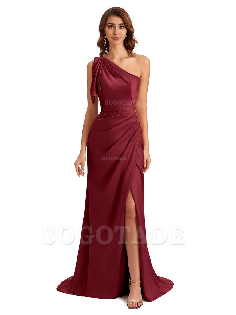 Sexy One Shoulder Mermaid Side Slit Unique Silky Satin Bridesmaid Dresses 