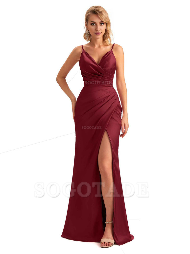 Sexy Side Slit V-Neck Mermaid Silky Satin Unique Long Formal Ladies Bridesmaid Dresses