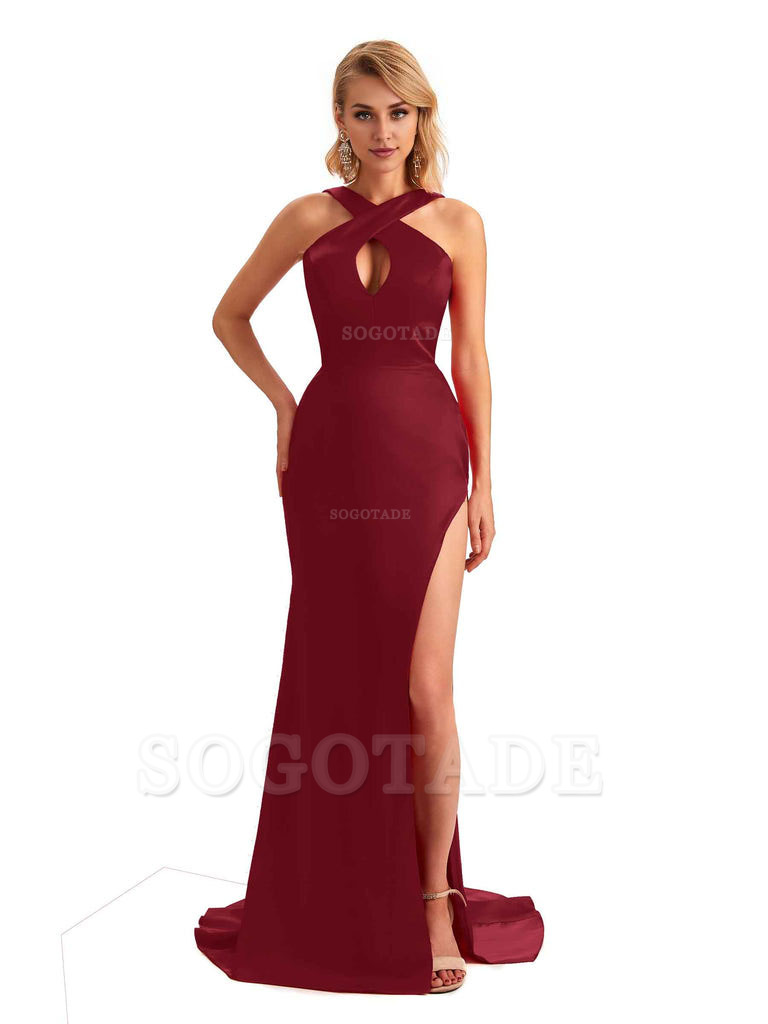Sexy Side Slit Halter Mermaid Silky Satin Unique Long Formal Wedding Bridesmaid Dresses