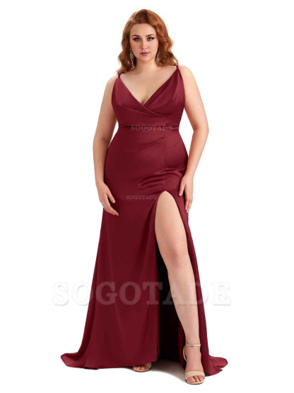 Sexy Side Slit Spaghetti Straps Mermaid Soft Satin Fashion Bridesmaid Dresses