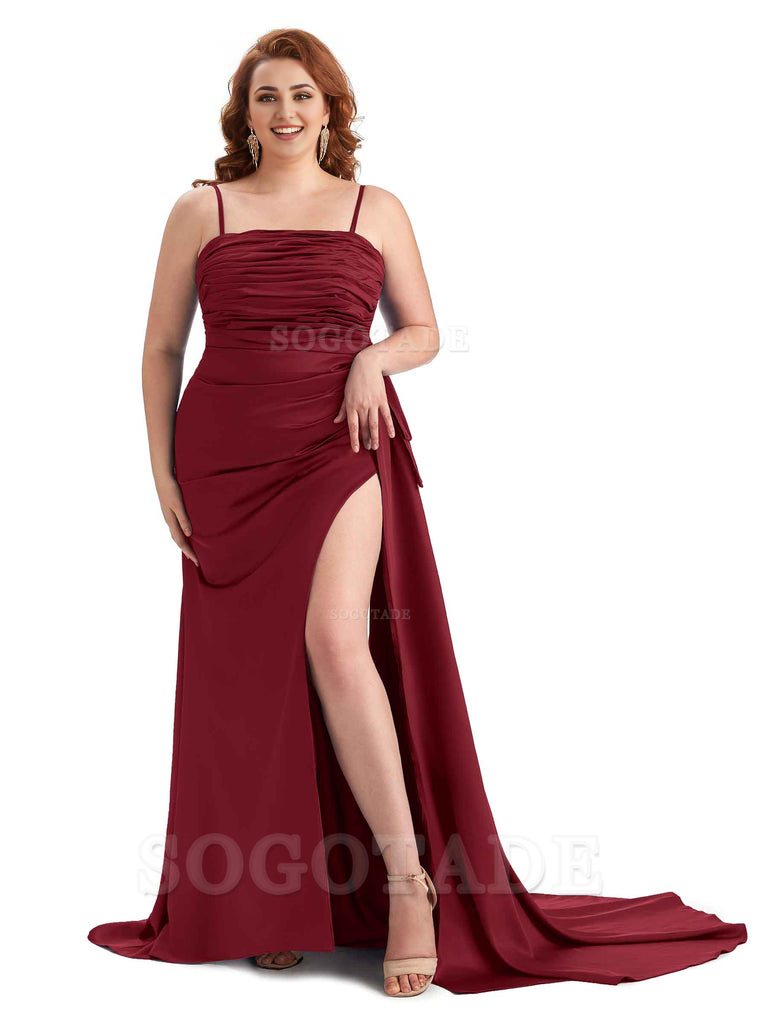 Sexy Side Slit Spaghetti Straps Mermaid Soft Satin Long Plus Size Bridesmaid Dresses Online