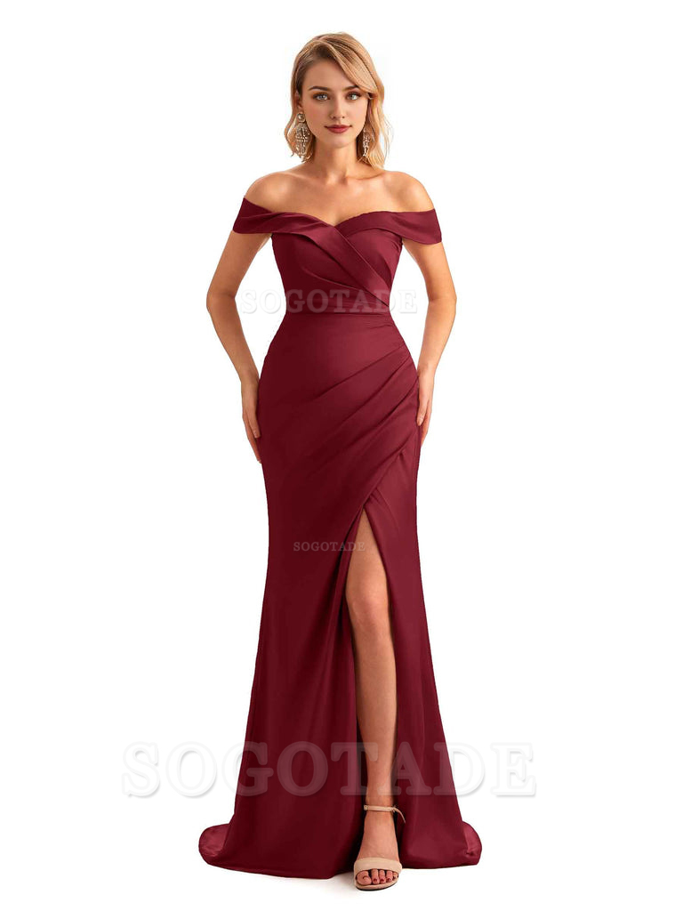 Off Shoulder Side Slit Mermaid Silky Satin Unique Long Formal Wedding Guest Dresses Online