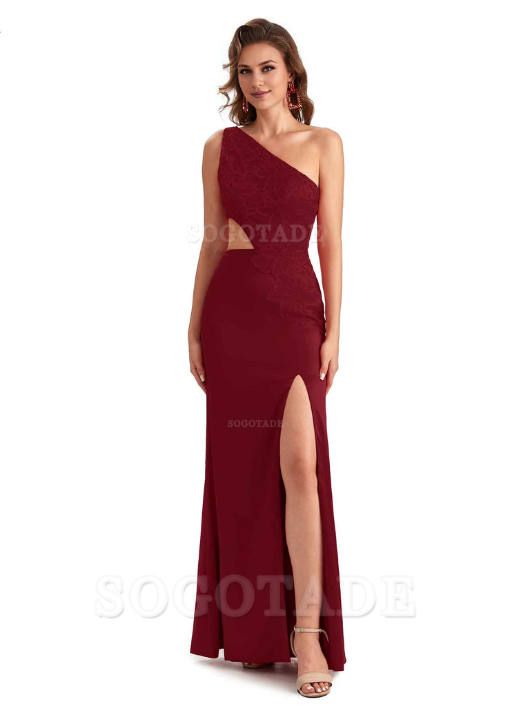 Sexy Side Slit Mermaid Lace Silky Satin One Shoulder Chic Long Bridesmaid Dresses