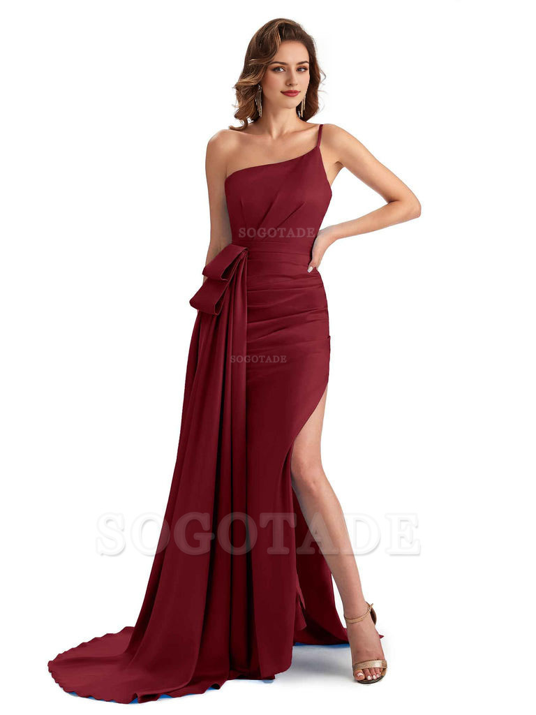 Sexy Side Slit Mermaid Silky Satin One Shoulder Modern Maxi Bridesmaid Dresses