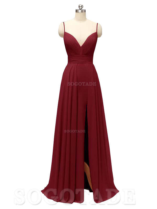 Honest Chiffon Spaghetti Straps Slit Long Bridesmaid Dresses prom shop dresses