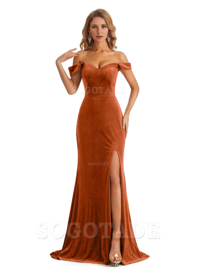 Elegant Simple Mermaid Off The Shoulder Backless Side Slit Velvet Long Charming Bridesmaid Dresses Formal Women's Dresses Wedding Guests Dresses