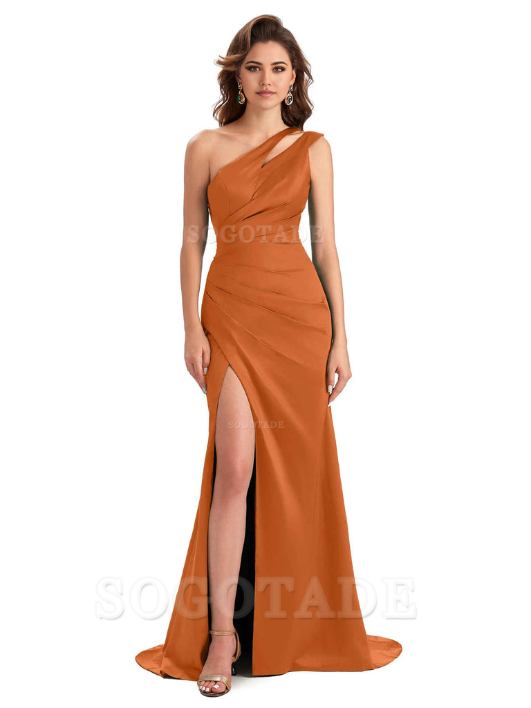 Mermaid One Shoulder Satin Sexy formal dresses evening gown Bridesmaid Dresses With Side Slit 