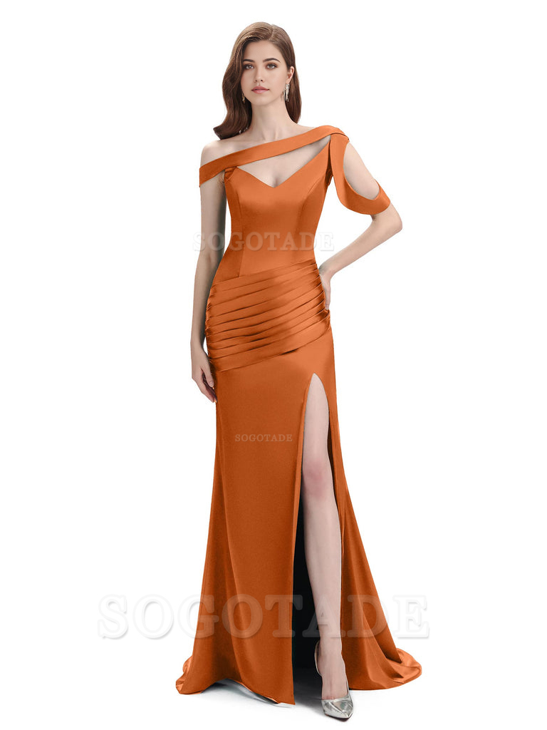 Mermaid V-Neck Satin Floor-Length formal dresses evening gown Bridesmaid Dresses With Side Slit 