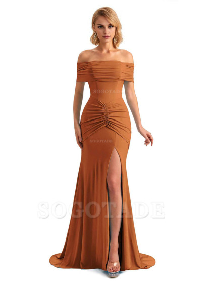 Elegant Mermaid Off The Shoulder Side Slit Stretchy Jersey Long Formal Bridesmaid Dresses
