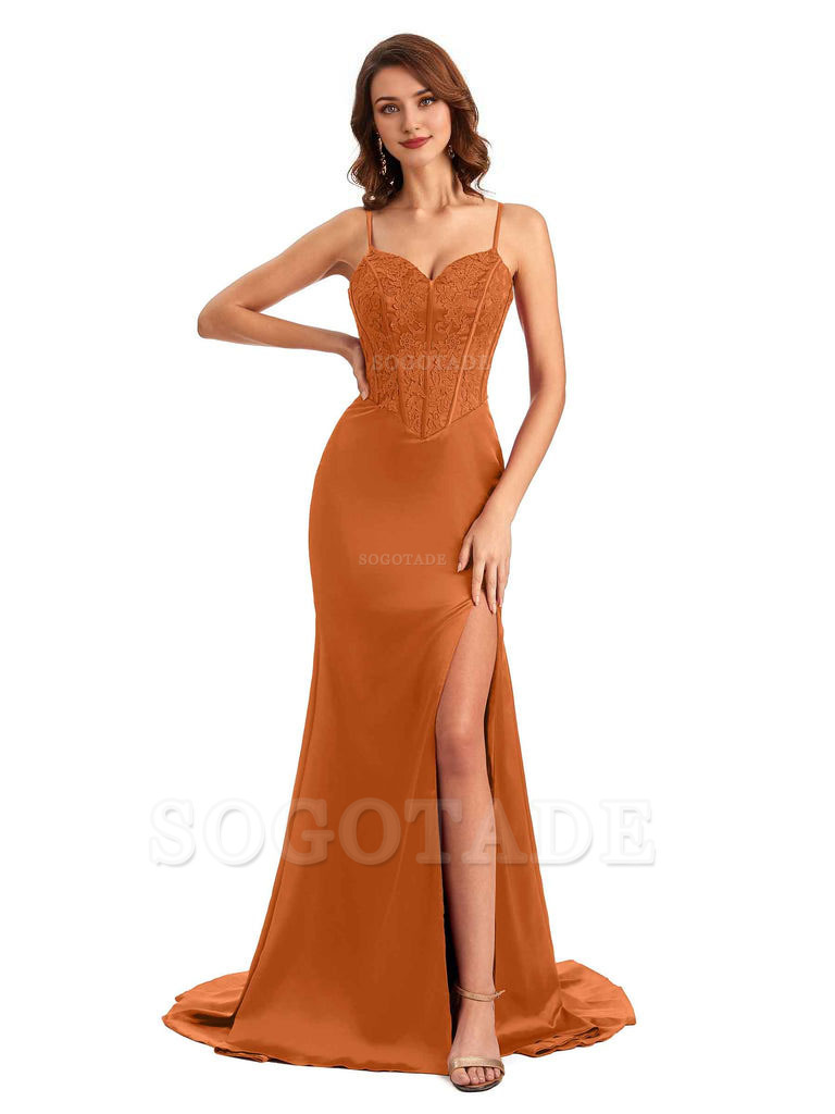 Sexy Side Slit Mermaid Silky Satin V-Neck Lace Unique Long Bridesmaid Dresses