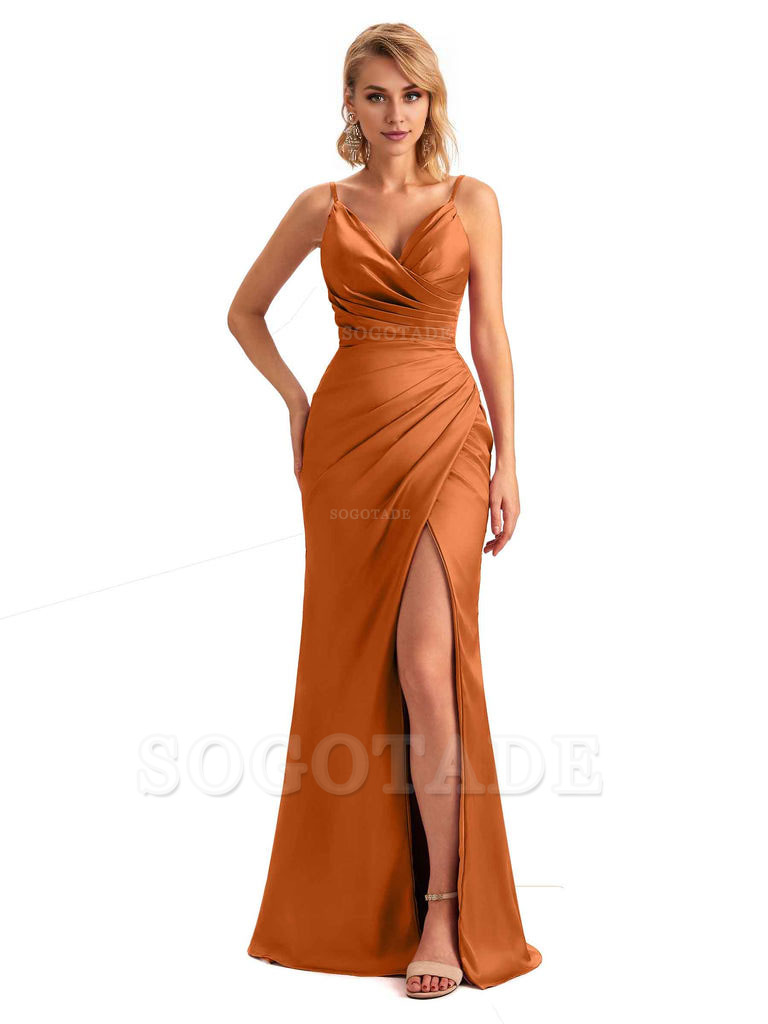 Sexy Side Slit V-Neck Mermaid Silky Satin Unique Long Formal Ladies Bridesmaid Dresses