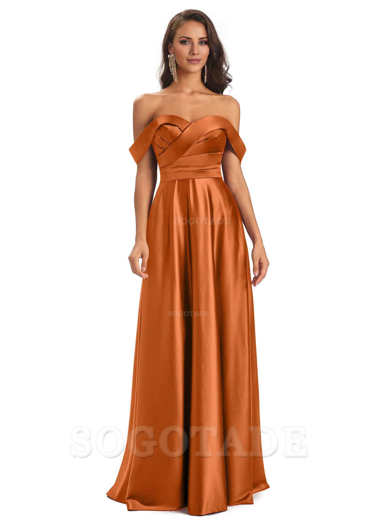 Sexy Soft Satin Off The Shoulder A-Line Long Bridesmaid Dresses Elegant Evening Party Dress