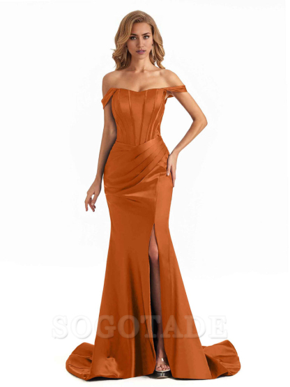 Sexy Long Mermaid Bridesmaid Dresses Off The Shoulder with Side Slit Satin Elegant Evening Party Dress 