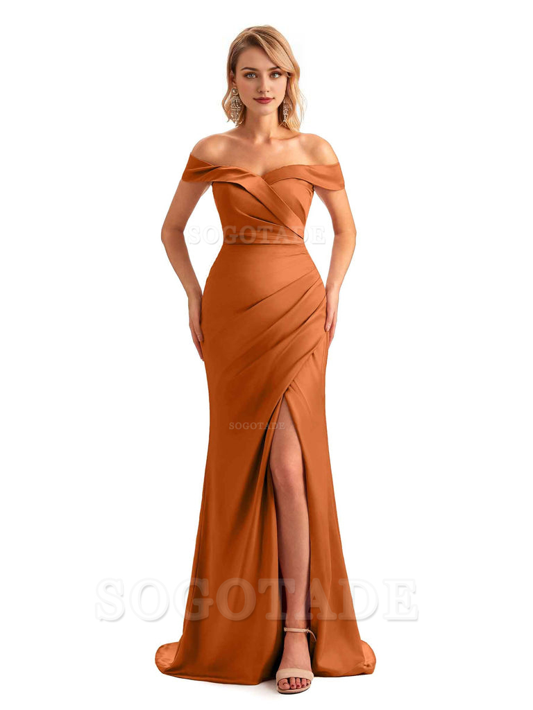 Off Shoulder Side Slit Mermaid Silky Satin Unique Long Formal Wedding Guest Dresses Online