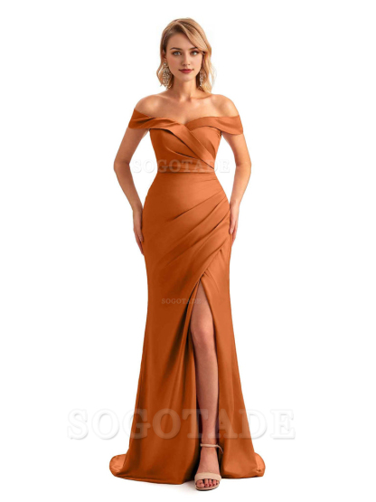 Off Shoulder Side Slit Mermaid Silky Satin Unique Long Formal Wedding Guest Dresses Online