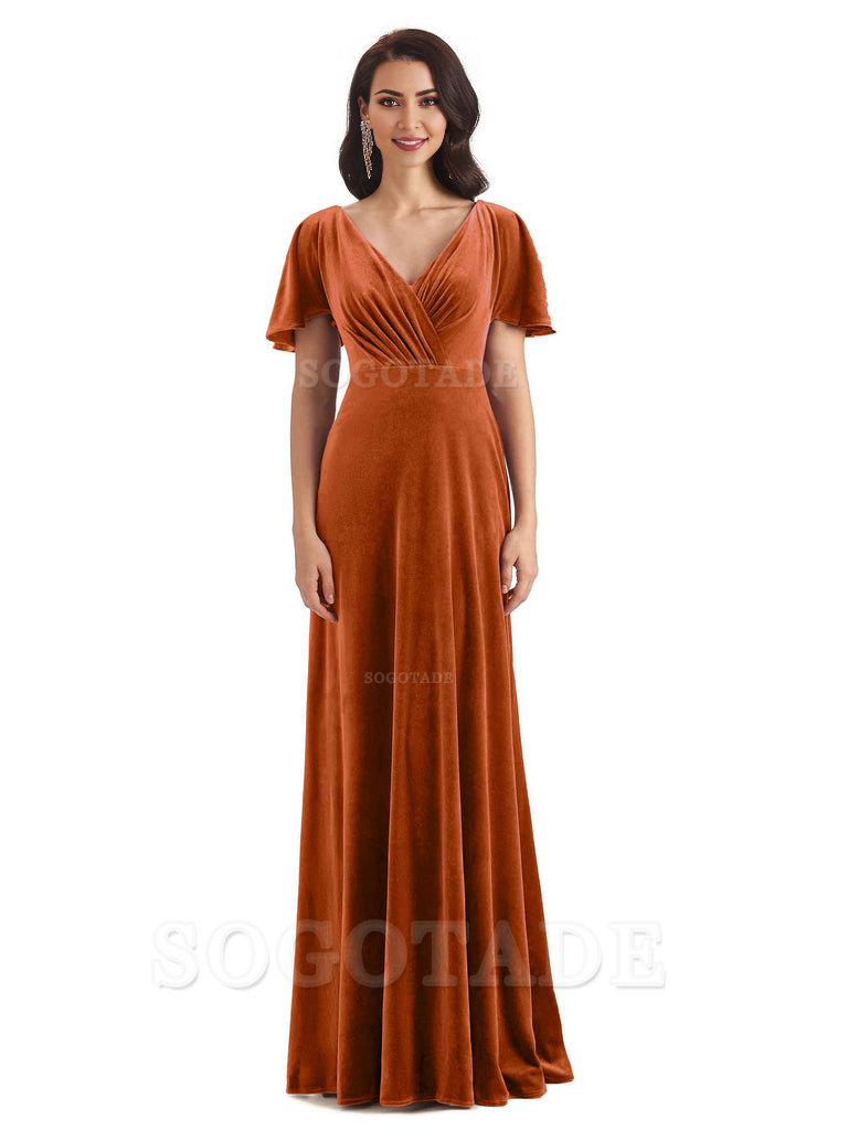 V-Neck Sexy See Through Short Sleeves Lace up Velvet Long Bridesmaid Dresses Formal Women's Dresses Wedding Guests Dresses