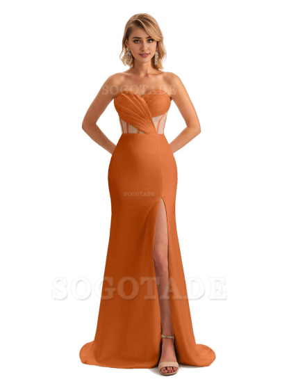 Sexy Sweetheart Strapless Side Slit Mermaid Soft Satin Unique Long Bridesmaid Dress For Wedding
