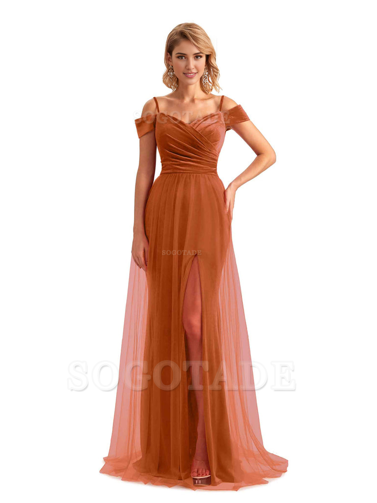 Elegant Mermaid Spaghetti Straps Floor Length Cold Shoulder Side Slit Tulle Velvet Long Bridesmaid Dresses