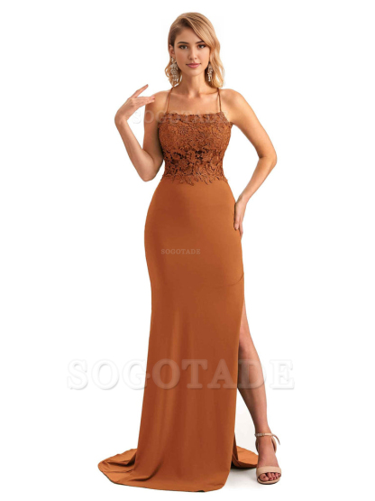 Sexy Side Slit Spaghetti Straps Open Back Mermaid Lace Applique Long Formal Bridesmaid Dresses