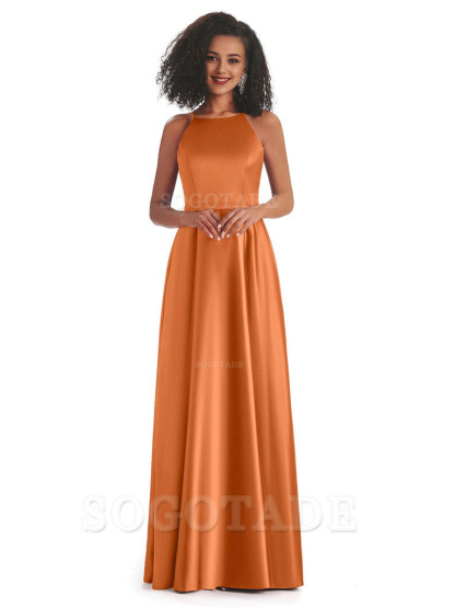 Soft Satin A-Line Halter Floor-Length Modern African Bridesmaid Dresses