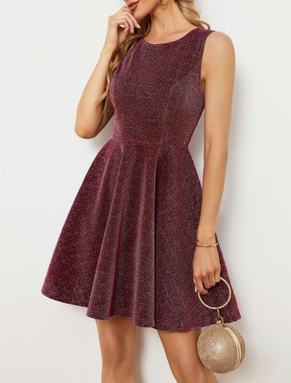 A-Line Homecoming Dresses Glittering Dress Party Wear Prom Tea Length Sleeveless Jewel Neck Satin with Glitter-SOGOTADE