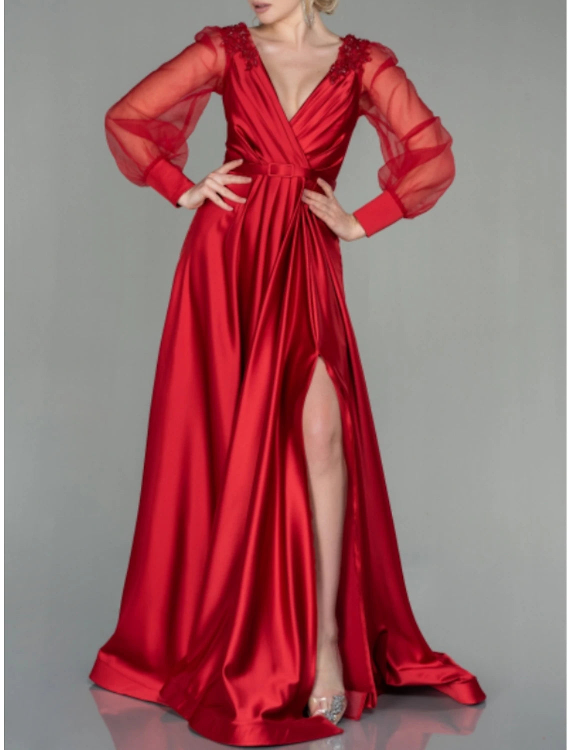 A-Line Evening Gown Elegant Dress Formal Fall Floor Length Long Sleeve V Neck Satin with Pleats Slit Shouder Flower 2024-SOGOTADE