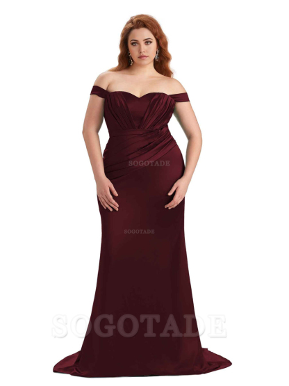 Sexy Mermaid Off The Shoulder Sweetheart Soft Satin Floor Length Long Plus Size Maid of Honor Dresses