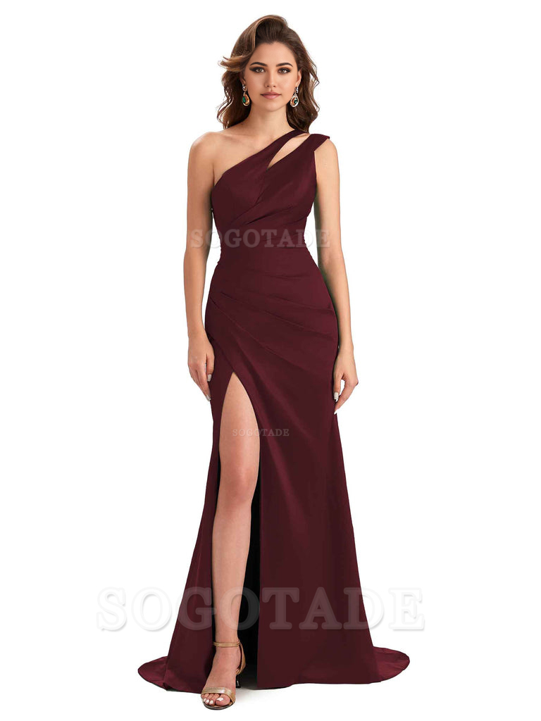Mermaid One Shoulder Satin Sexy formal dresses evening gown Bridesmaid Dresses With Side Slit 