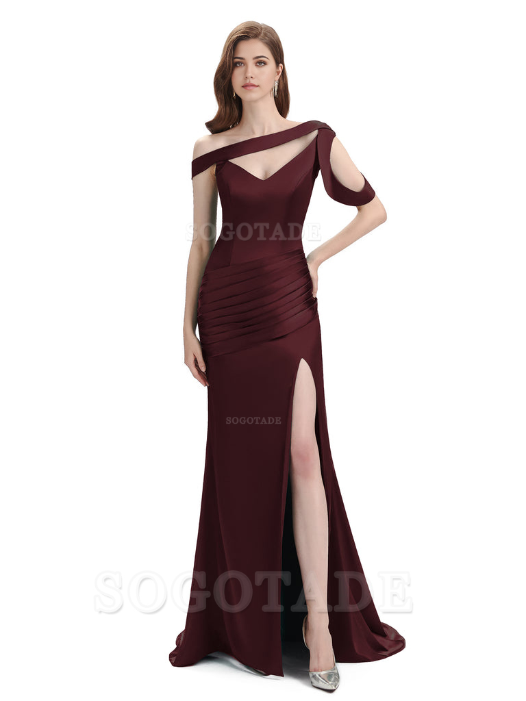 Mermaid V-Neck Satin Floor-Length formal dresses evening gown Bridesmaid Dresses With Side Slit 