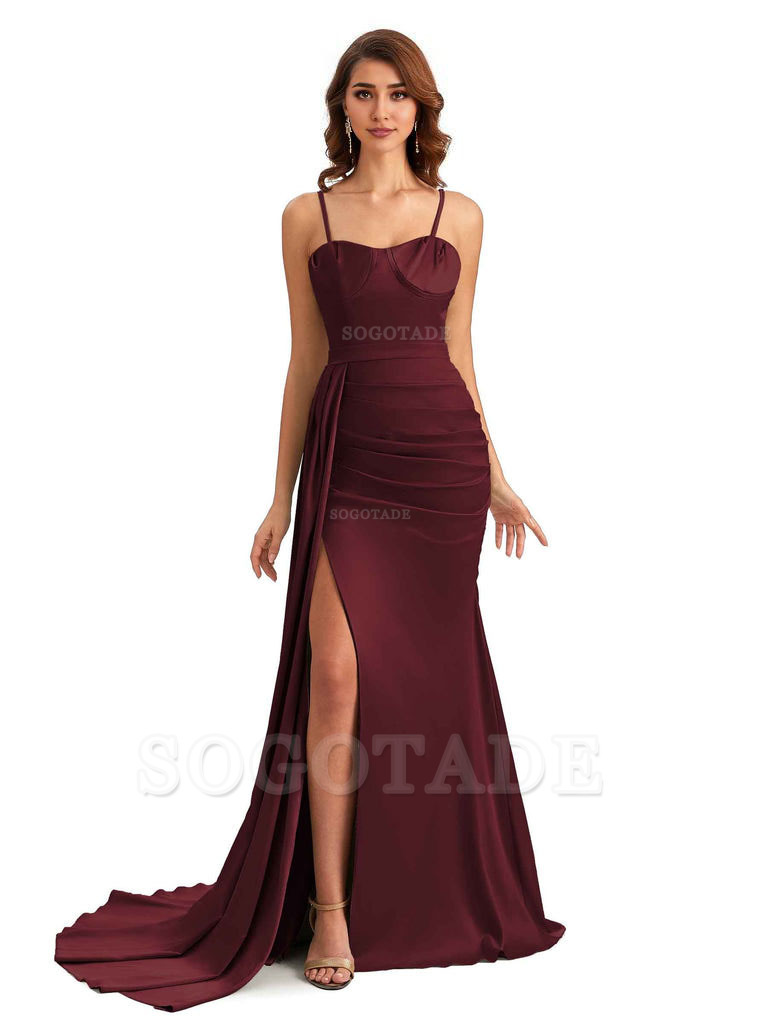 Sexy Spaghetti Straps Side Slit Mermaid Unique Long Bridesmaid Dresses In Satin