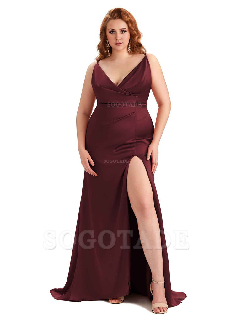 Sexy Side Slit Spaghetti Straps Mermaid Soft Satin Fashion Bridesmaid Dresses