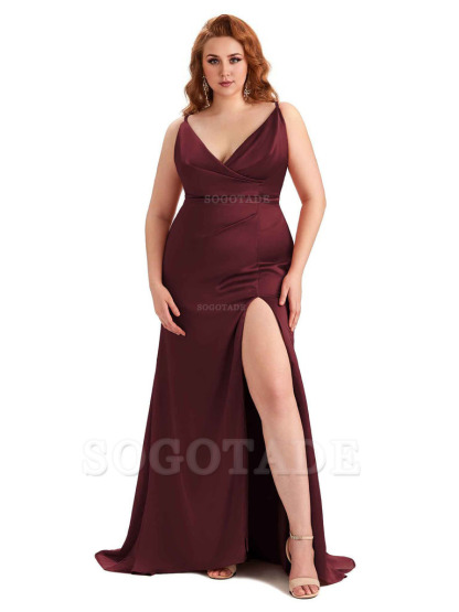 Sexy Side Slit Spaghetti Straps Mermaid Soft Satin Fashion Bridesmaid Dresses