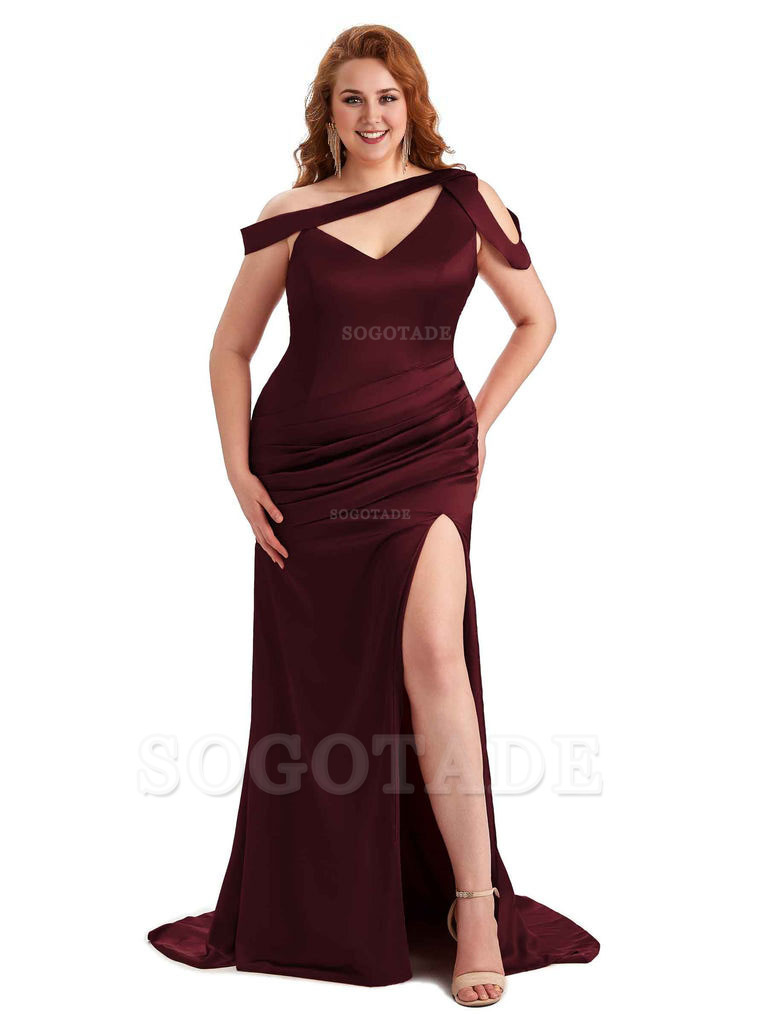 Sexy V-Neck Side Slit Unique Mermaid Soft Satin Long Plus Size Bridesmaid Dress For Wedding