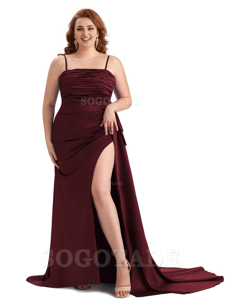 Sexy Side Slit Spaghetti Straps Mermaid Soft Satin Long Plus Size Bridesmaid Dresses Online