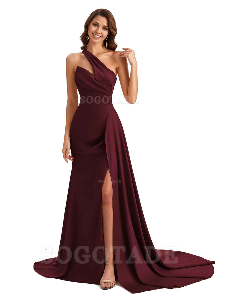 Mermaid One shoulder Satin formal dresses evening gown Bridesmaid Dresses With Side Slit 