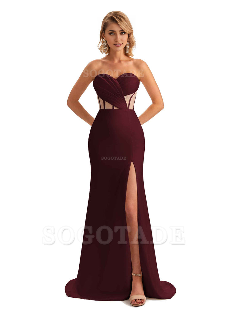 Sexy Sweetheart Strapless Side Slit Mermaid Soft Satin Unique Long Bridesmaid Dress For Wedding