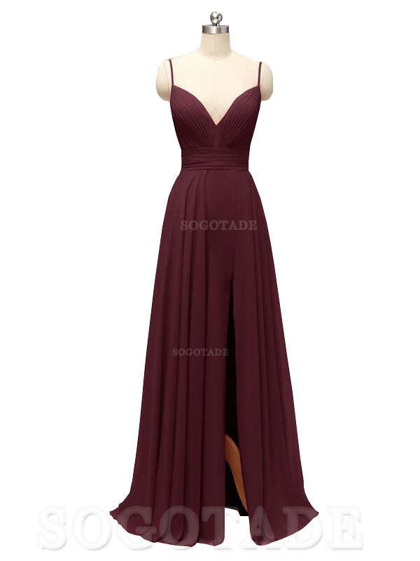 Honest Chiffon Spaghetti Straps Slit Long Bridesmaid Dresses prom shop dresses