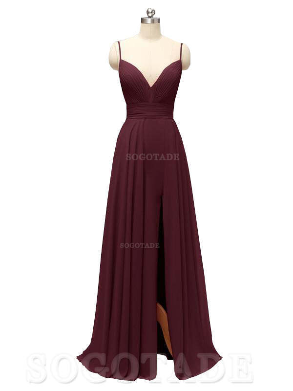 Honest Chiffon Spaghetti Straps Slit Long Bridesmaid Dresses prom shop dresses