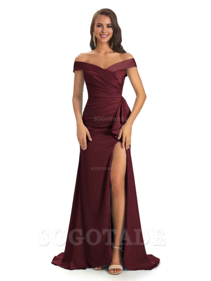 Sexy Soft Satin Side Slit Off The Shoulder Maxi Long Mermaid Bridesmaid Dresses prom shop dresses
