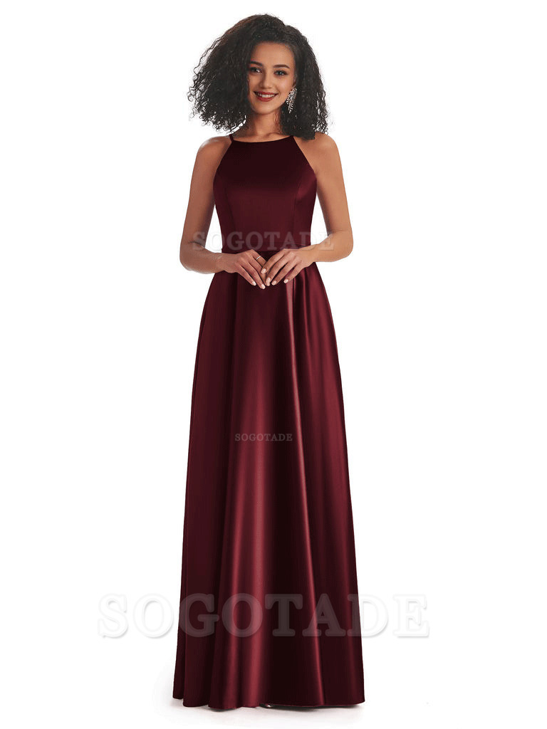 Soft Satin A-Line Halter Floor-Length Modern African Bridesmaid Dresses