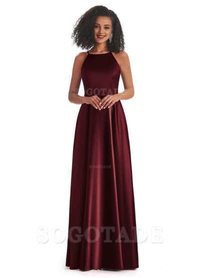 Soft Satin A-Line Halter Floor-Length Modern African Bridesmaid Dresses
