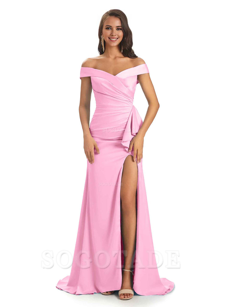 Sexy Soft Satin Side Slit Off The Shoulder Maxi Long Mermaid Bridesmaid Dresses prom shop dresses