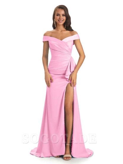 Sexy Soft Satin Side Slit Off The Shoulder Maxi Long Mermaid Bridesmaid Dresses prom shop dresses