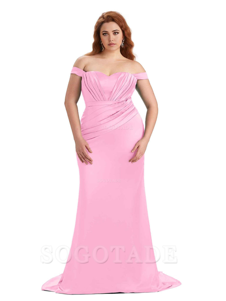 Sexy Mermaid Off The Shoulder Sweetheart Soft Satin Floor Length Long Plus Size Maid of Honor Dresses