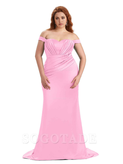 Sexy Mermaid Off The Shoulder Sweetheart Soft Satin Floor Length Long Plus Size Maid of Honor Dresses