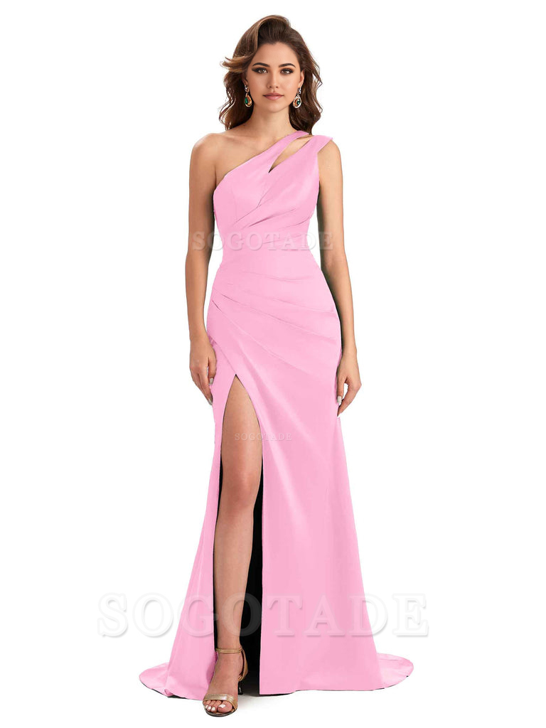 Mermaid One Shoulder Satin Sexy formal dresses evening gown Bridesmaid Dresses With Side Slit 