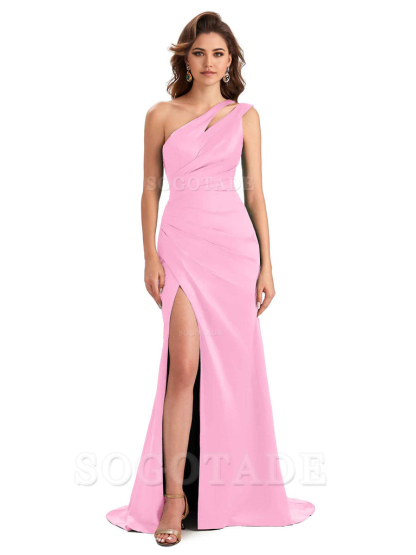 Mermaid One Shoulder Satin Sexy formal dresses evening gown Bridesmaid Dresses With Side Slit 