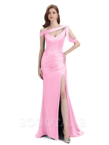 Mermaid V-Neck Satin Floor-Length formal dresses evening gown Bridesmaid Dresses With Side Slit 