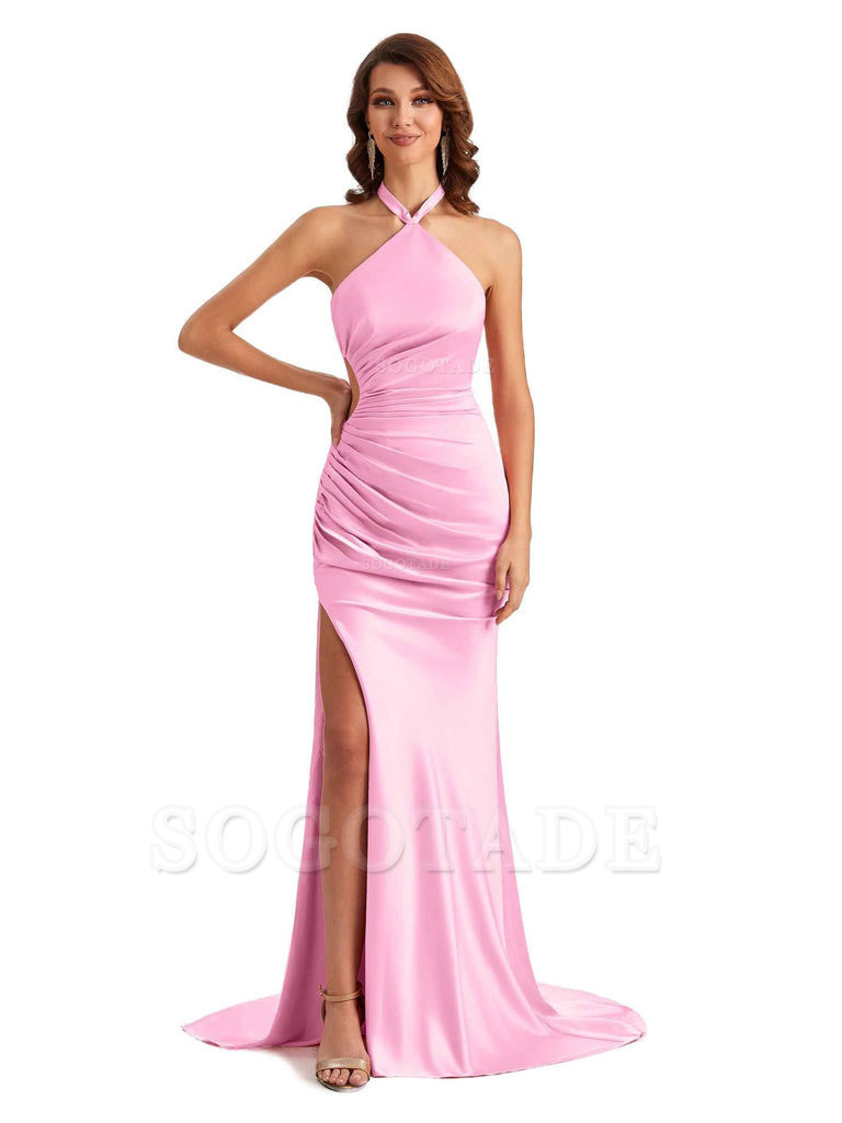 Sexy Halter Mermaid Silky Satin Unique Long Formal Wedding Guest Dresses