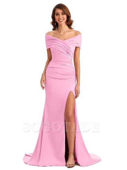 Sexy Off The Shoulder Side Slit Mermaid Satin Unique Long Formal Wedding Guest Dresses